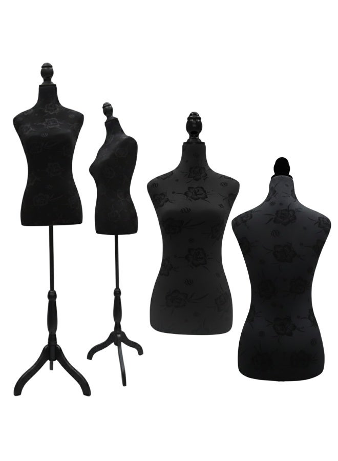 أورتوك مانيكان نسائي قابل للتعديل لعرض الفساتين – جذع مخملي أسود بنقشة زهور مع حامل ثلاثي القوائم أسود – ارتفاع قابل للتعديل حتى 178 سم، مثالي للخياطة وتصميم الملابس وعرض المجوهرات. - Image 1